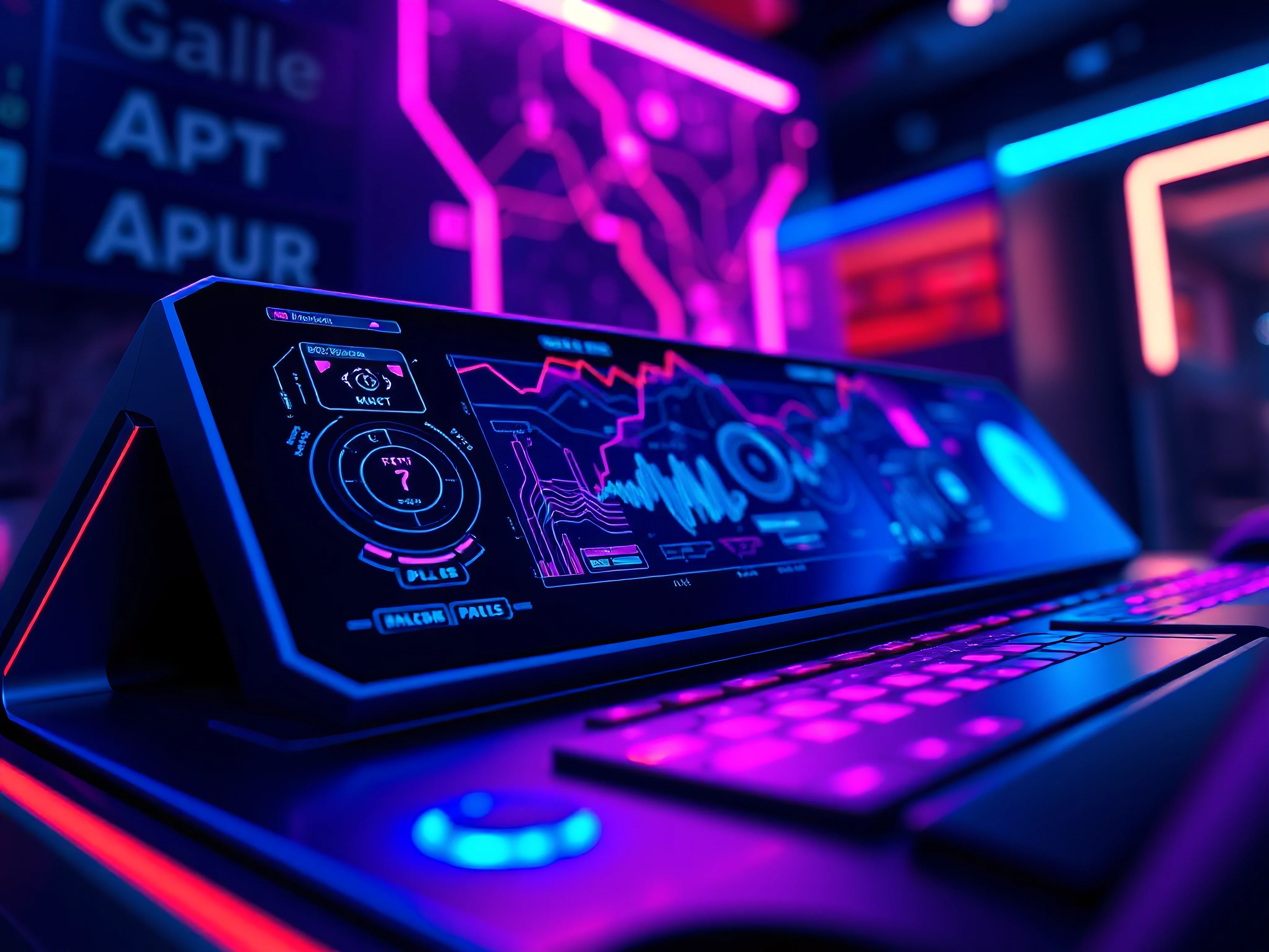 Sleek, futuristic gaming control panel with vibrant blue and purple data streams and neon accents.