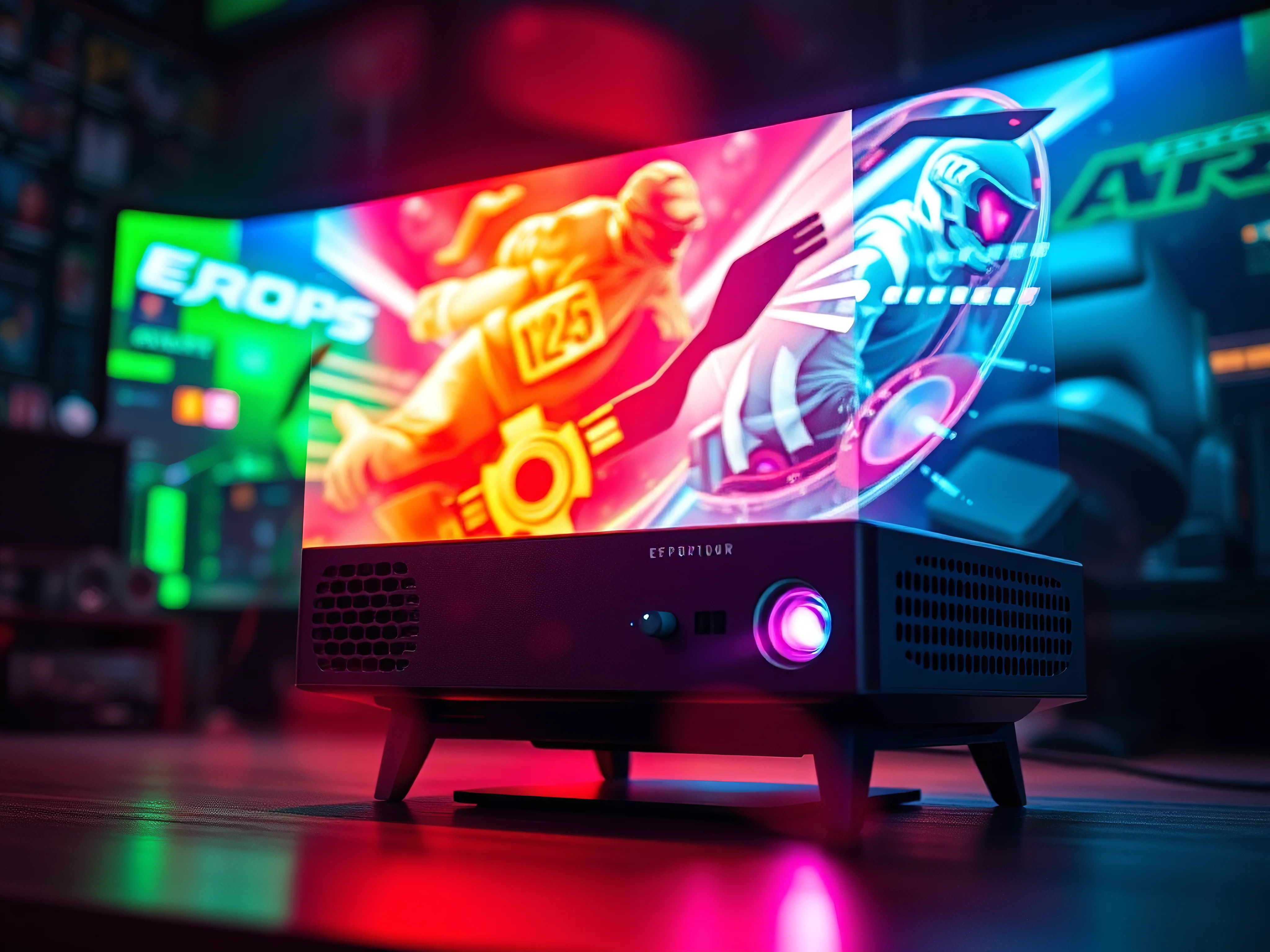 Sleek desktop projector casting vibrant holographic esports action with neon lights.