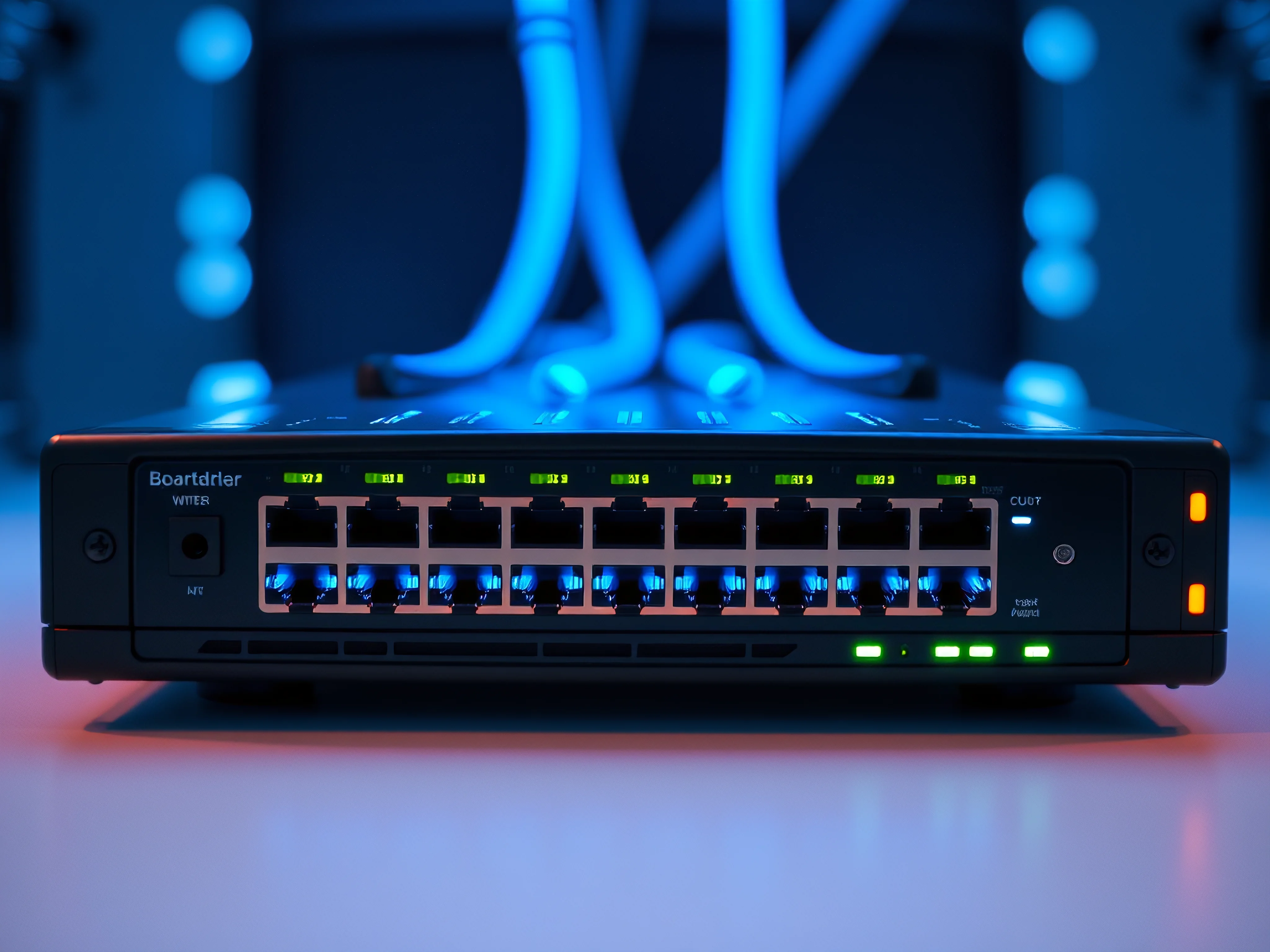 Sleek multi-port network hub with glowing channels and vibrant neon accents.